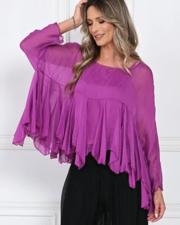 Bluza din matase naturala si vascoza cu volane tip cascada, croi lejer, magenta