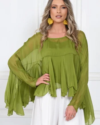 Bluza din matase naturala si vascoza cu volane tip cascada, croi lejer, verde olive