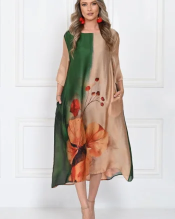 Rochie eleganta satinata A-line cu imprimeu floral artistic si croi lejer fluid, verde-bej-caramel