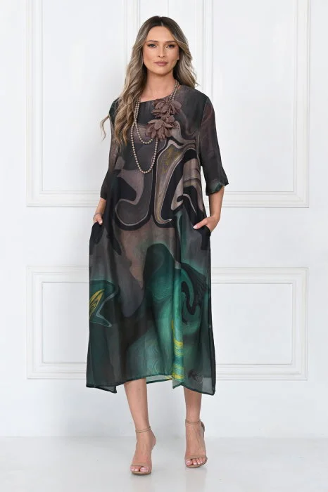 Rochie eleganta satinata A-line cu imprimeu abstract si croi lejer fluid, verde-inchis-negru-auriu