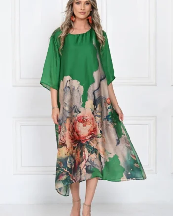 Rochie eleganta satinata A-line cu imprimeu floral artistic si croi lejer fluid, verde-bej