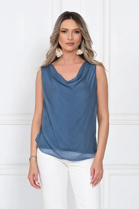 Top dama elegant lejer cu decolteu drapat si croi fluid, albastru jeans