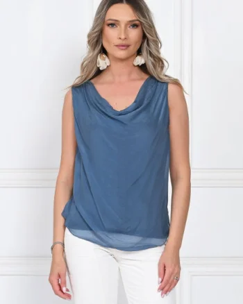 Top dama elegant lejer cu decolteu drapat si croi fluid, albastru jeans