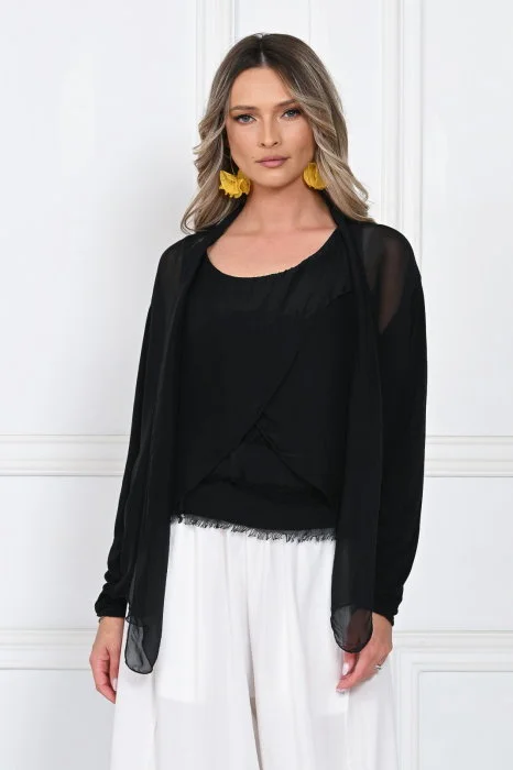 Blazer dama lejer cu design fluid si insertie din matase, croi relaxat, negru
