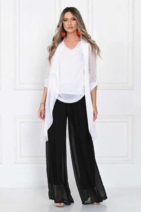 Blazer dama midi din matase tip kimono, croi fluid pentru layering, alb