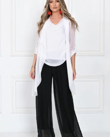 Blazer dama midi din matase tip kimono, croi fluid pentru layering, alb