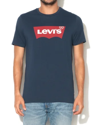 Tricou bleumarin inchis cu decolteu la baza gatului cu logo, Albastru marin,