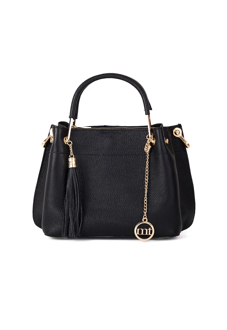 Geanta de mana, de piele, cu accesoriu detasabil cu canaf, Negru