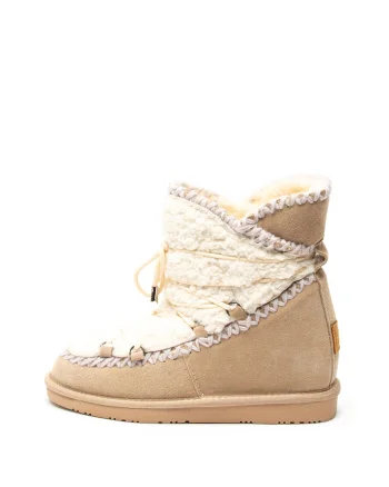Ghete de piele intoarsa si blana shearling sintetica, cu talpa wedge ascunsa