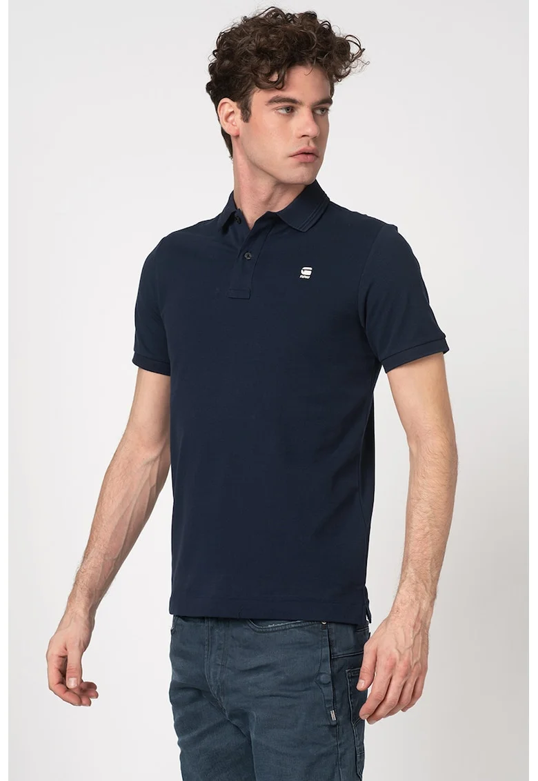 Tricou polo slim fit din material pique Dunda, Alb/Bleumarin