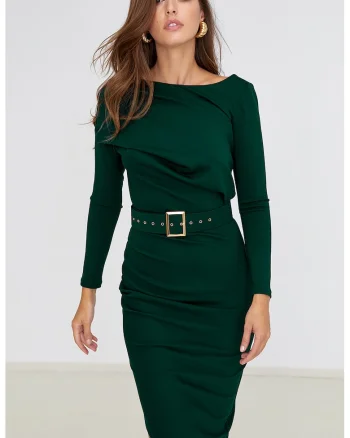 Rochie cambrata cu decolteu barcuta Slide, Verde inchis
