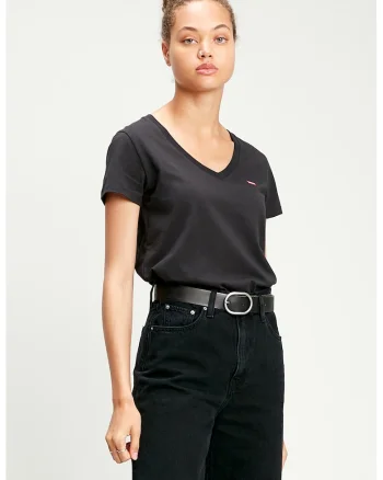 Tricou din bumbac cu decolteu in V, Negru