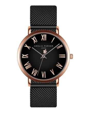Ceas rotund cu bratara cu model plasa, Auriu rose/Negru