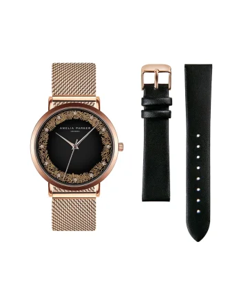 Ceas quartz cu curele intersanjabile, Auriu rose/Negru