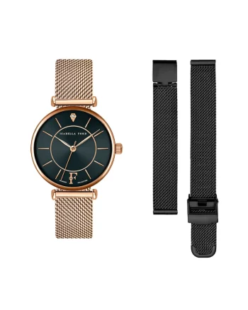 Ceas cu bratari intersanjabile si 1 diamant, Auriu rose/Negru
