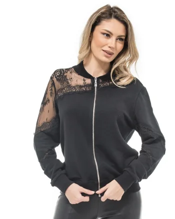 Bluza sport cu fermoar si insertii de dantela Lola, Negru