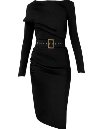 Rochie cambrata cu decolteu barcuta Slide, Negru