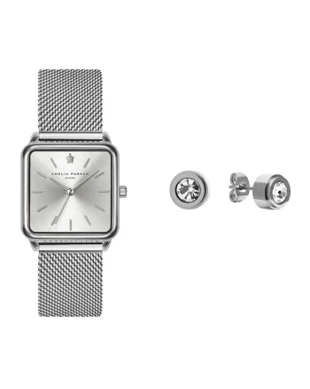 Set de ceas quartz si cercei cu tija, Argintiu