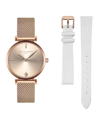 Ceas cu doua curele intersanjabile, Auriu rose/Alb