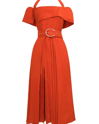 Rochie halter midi cu decolteu pe umeri, Coral