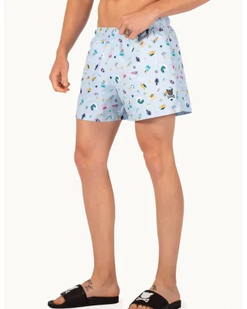 Pantaloni scurti de baie cu snur, Negru/Portocaliu/Albastru azur