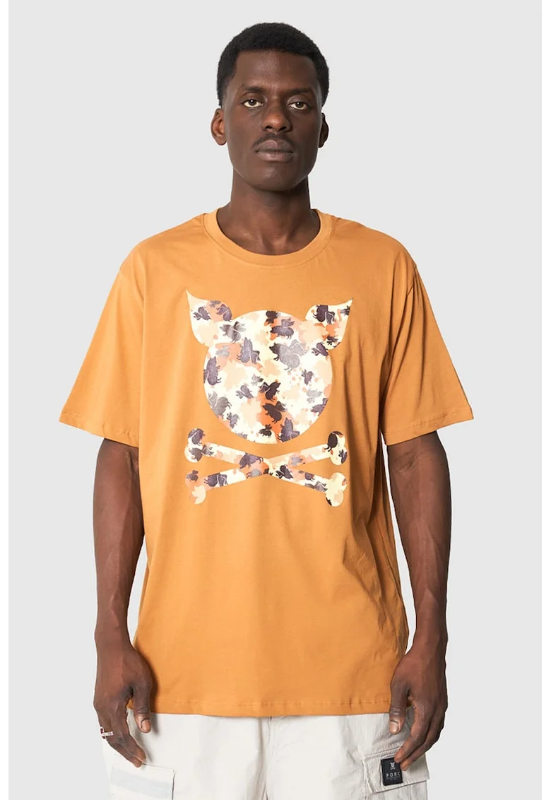 Tricou unisex de bumbac cu imprimeu logo, Negru/Maro scortisoara/Grej
