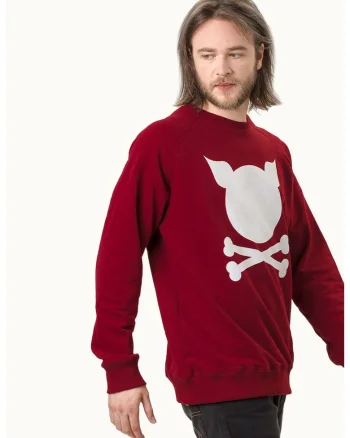 Bluza sport unisex cu maneci raglan si imprimeu logo, Alb/Visiniu
