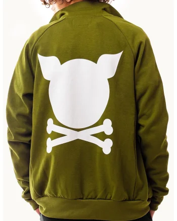 Bluza de trening unisex cu imprimeu logo si fermoar Crooked, Alb/Verde masliniu