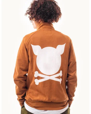 Bluza de trening unisex cu imprimeu logo si fermoar Crooked, Alb/Caramel
