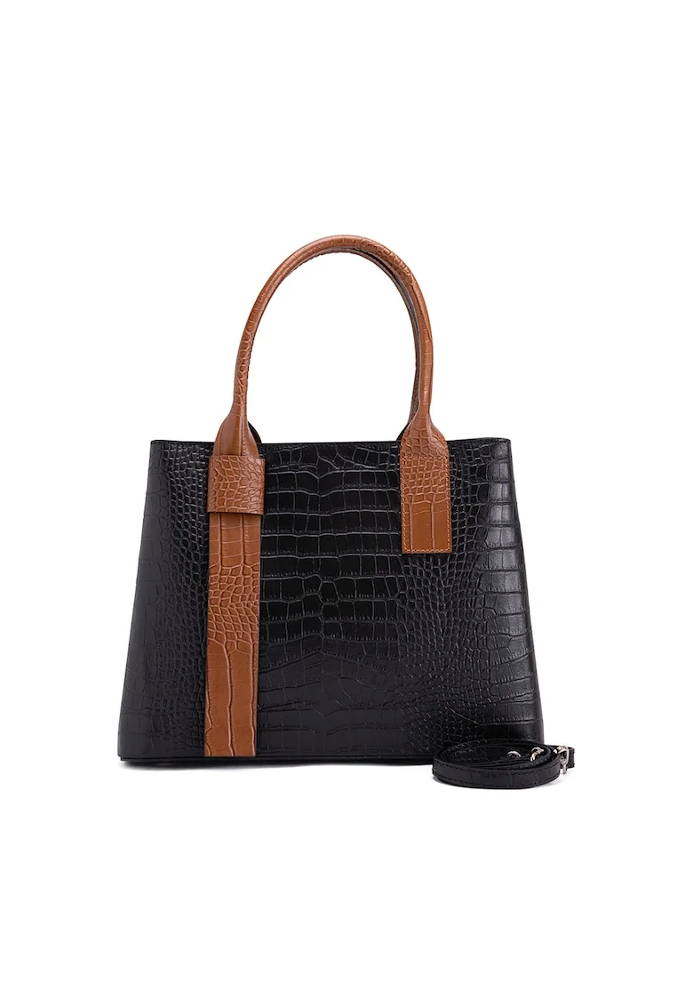 Geanta shopper din piele cu aspect de piele de reptila Monviso, Negru/Maro