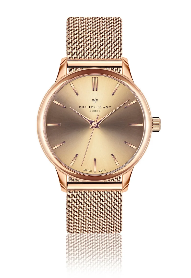 Ceas unisex cu bratara cu model plasa, realizat in Elevetia, Auriu rose