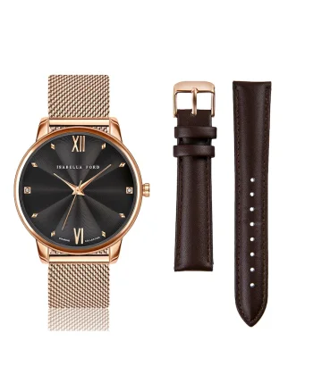 Set de ceas quartz si curea intersanjabila din piele, Auriu rose/Maro coniac