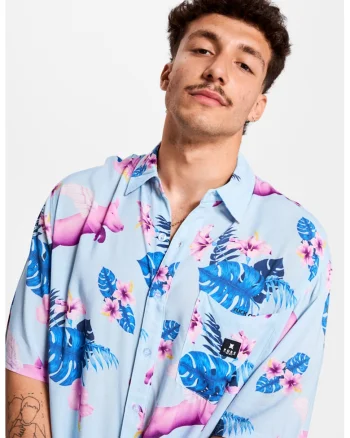 Camasa unisex cu imprimeu floral si buzunar pe piept, Albastru royal/Albastru pal/Lila