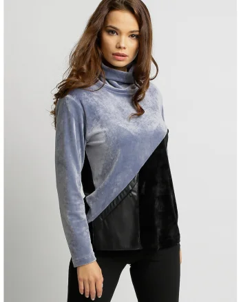 Bluza cu aspect de catifea si insertie din piele ecologica, Negru/Gri carbune