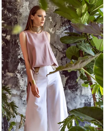 Pantaloni 3/4 cu croiala ampla si talie inalta, Alb/Auriu