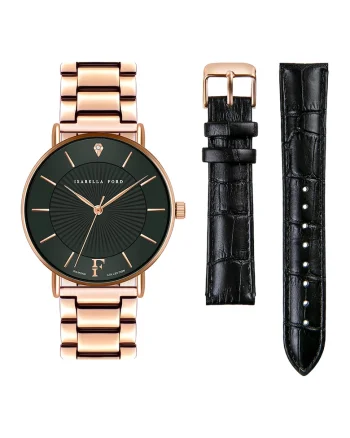 Ceas quartz cu set de curele intersanjabile, Auriu rose/Negru