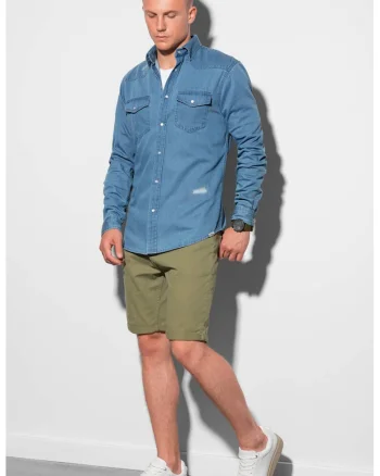 Camasa slim fit din material chambray cu buzunare pe piept, Albastru