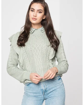 Pulover cu torsade si volane, Verde pal