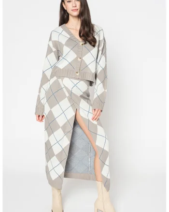 Cardigan cu decolteu in V si model in carouri, Alb/Gri deschis