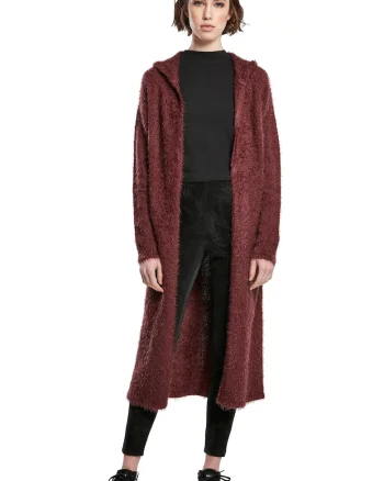 Cardigan lung cu gluga, fara inchidere, Maro cognac