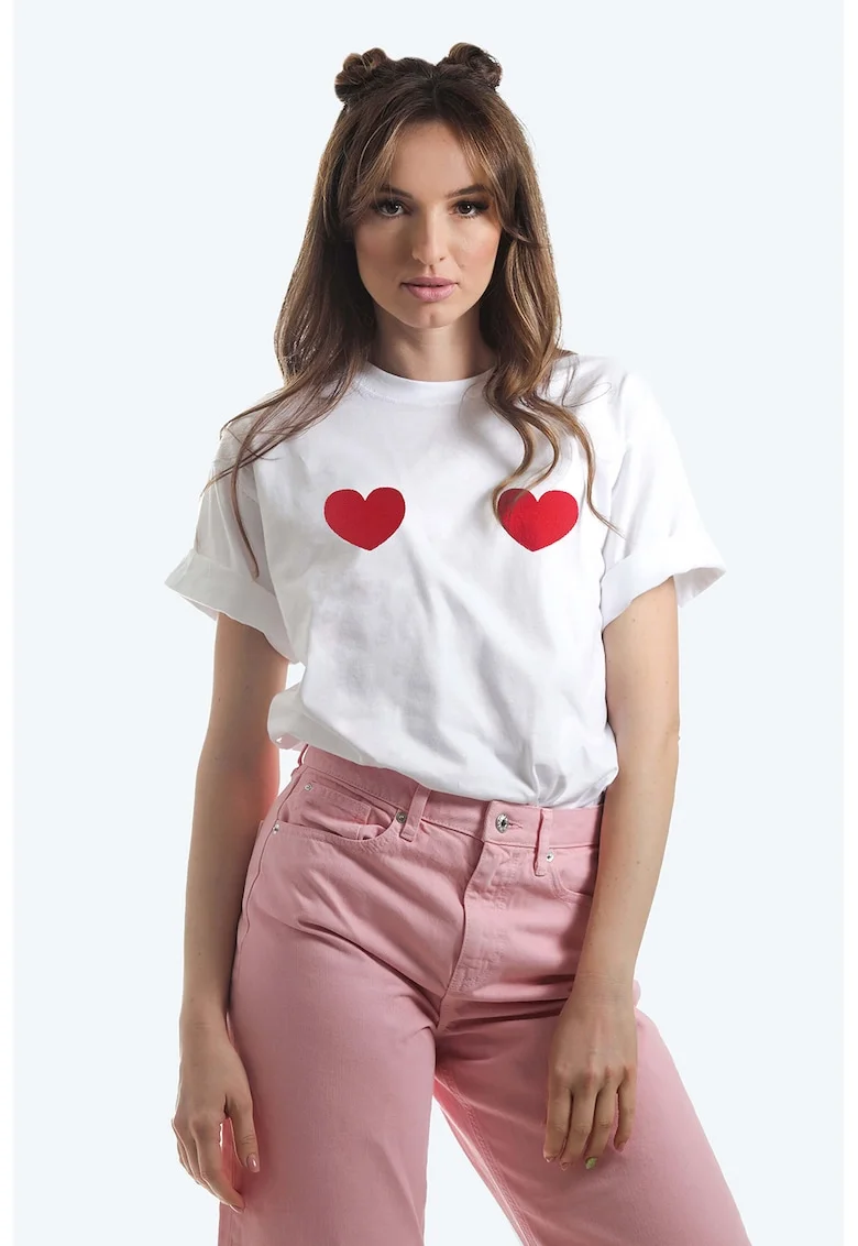 Tricou cu decolteu la baza gatului si imprimeu cu inimi, Rosu/Alb