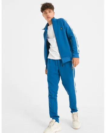 Bluza de trening unisex cu imprimeu logo si fermoar Crooked, Alb/Albastru