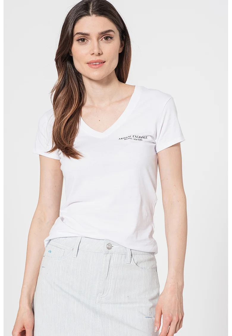 Tricou slim fit cu decolteu in V, Alb optic