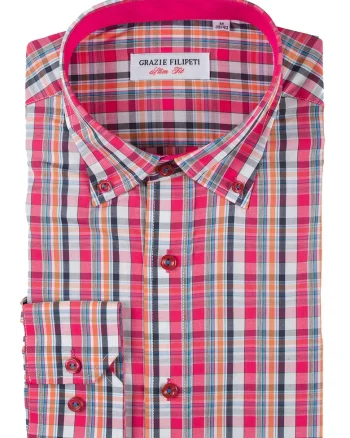 Camasa slim fit cu model in carouri, Portocaliu/Roz aprins/Bleumarin