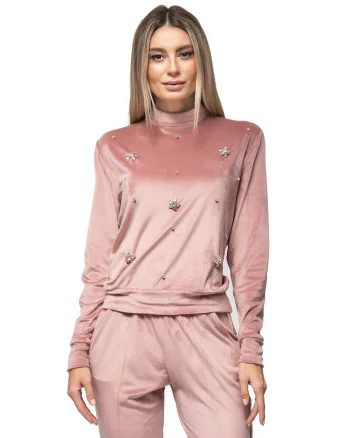 Bluza catifelata cu strasuri Elvira, Roz pastel