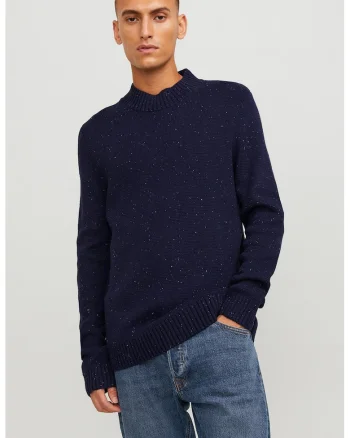 Pulover din tricot cu decolteu la baza gatului, Bleumarin