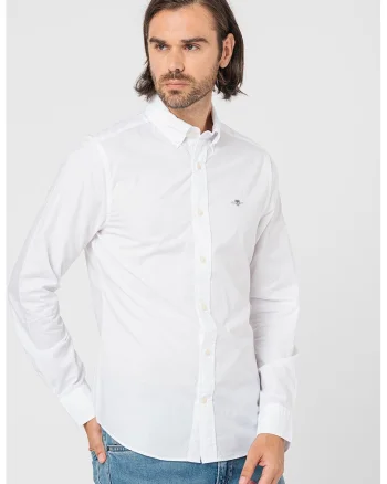 Camasa slim-fit cu guler fixat cu nasturi, Alb optic