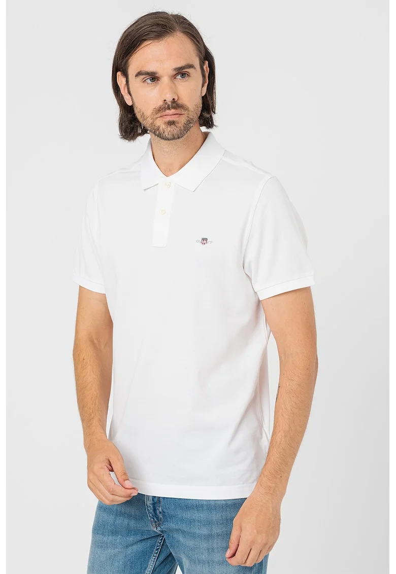 Tricou polo din bumbac cu aspect pique, Alb optic