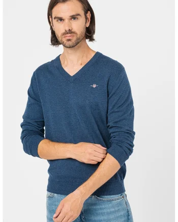 Pulover cu decolteu in V Classic, Albastru melange