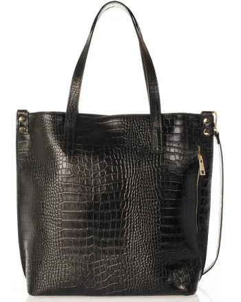 Geanta shopper din piele cu aspect de piele de crocodil, Negru